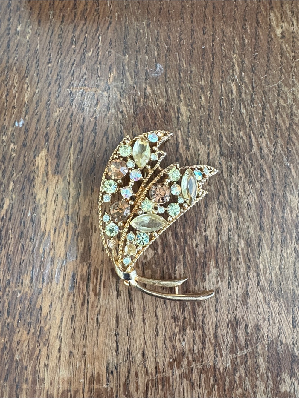 Gold-Tone Leaf Crystal Brooch - Gold